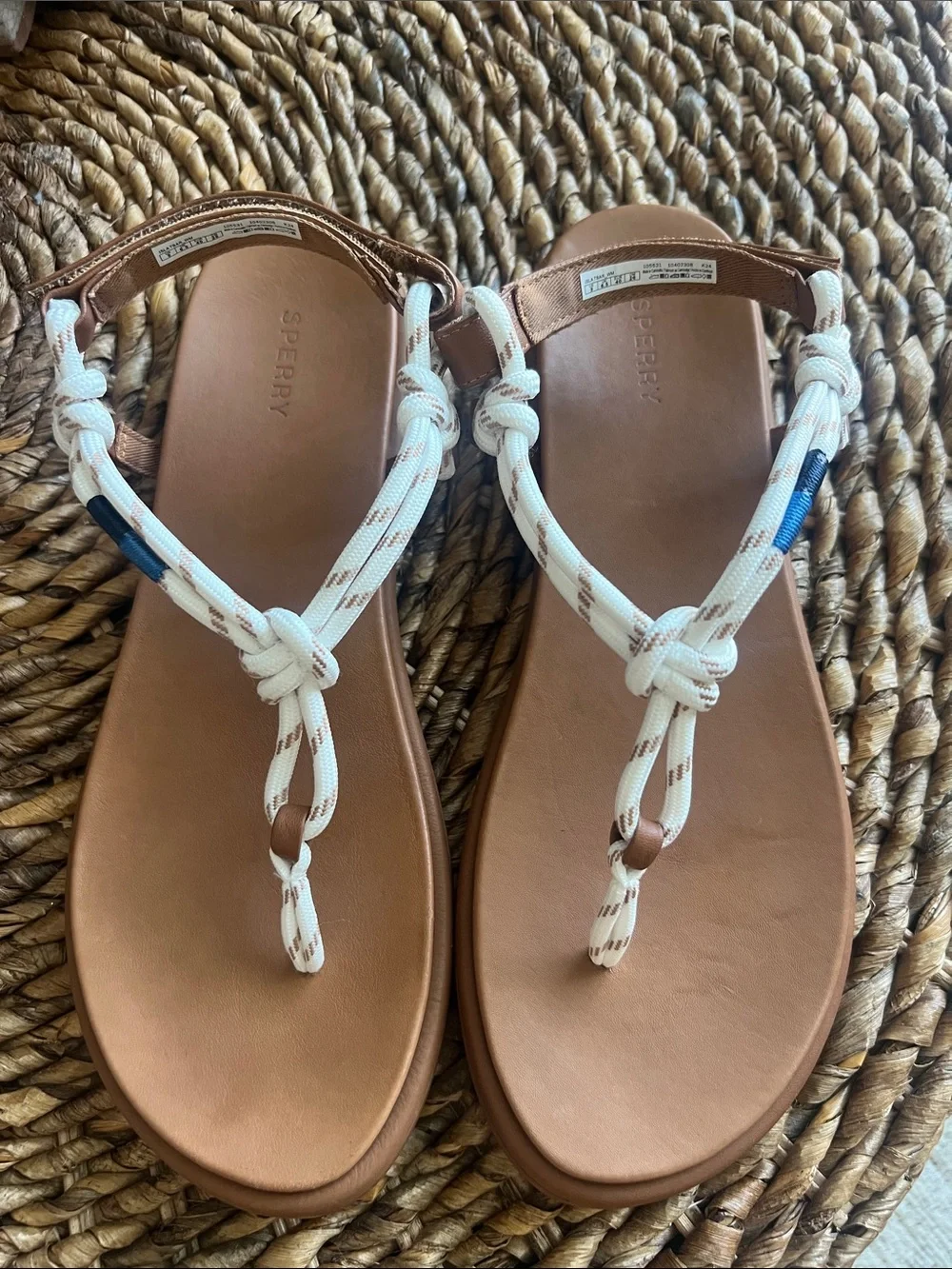 Sperry Tan Footbed Sandals with White Rope T-Strap